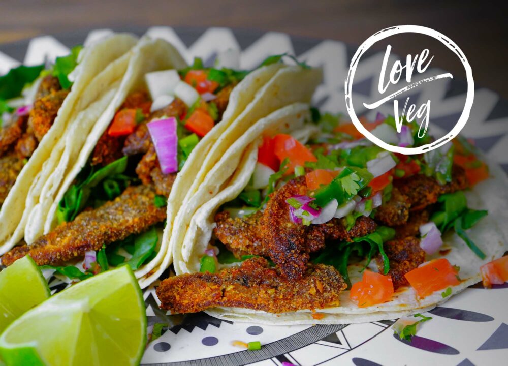 Tacos de fajitas de portobello empanizadas Love Veg